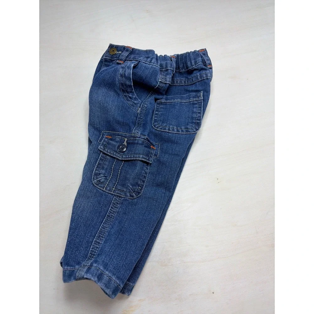 OshKosh B'gosh Baby Boy Cargo Jeans Medium Wash Denim Elastic Waist 12M